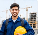Smiling construction worker in a blue uniform holding a yellow safety helmet