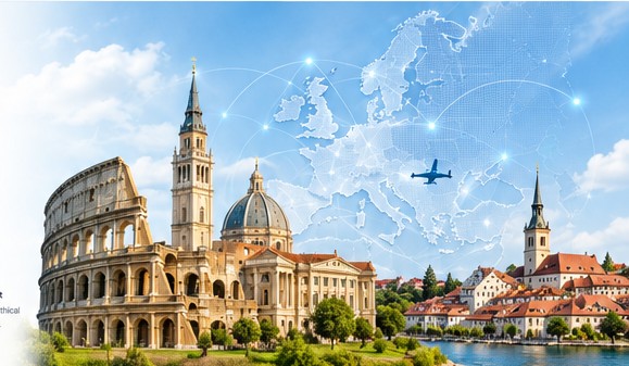Collage of the Colosseum and European landmarks over a map of Europe with a plane